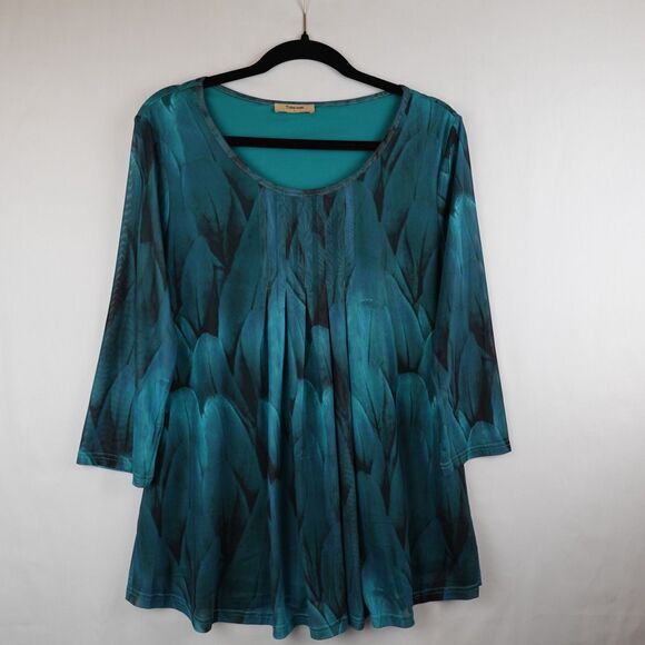 Timeson Tunic Blouse Womens Large Teal Turquoise Peacock Feathers Leaves Lined - Picture 13 of 15